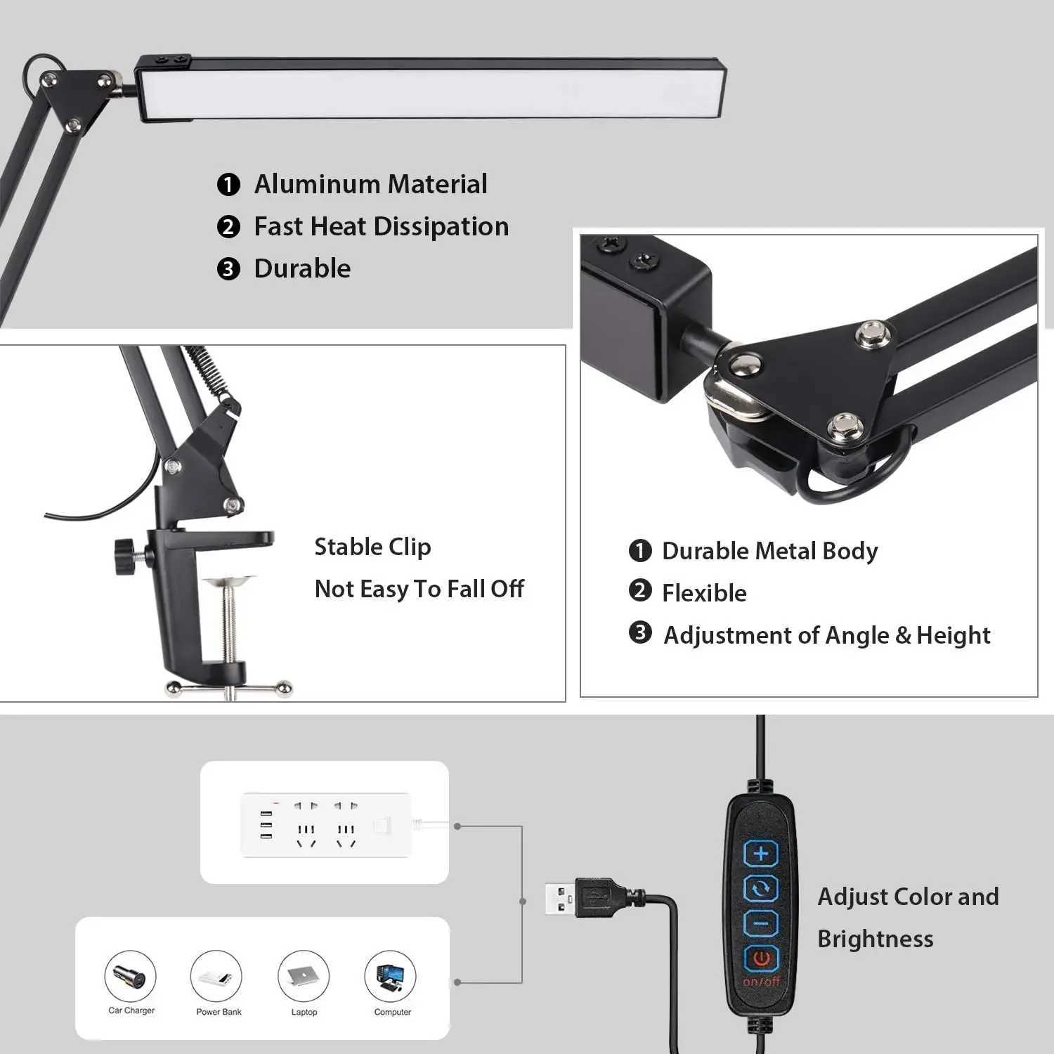 A LED Desk LampAdjustable Metal Swing Arm Desk Lamp with ClampEyeCaring Architect Desk Light3 Color Modes Function C251115