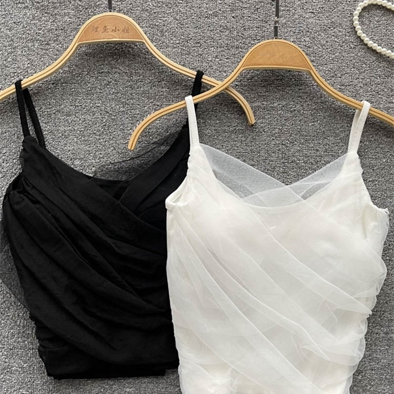 Camisoles Tanks SINGREINY Ruched Mesh Camisole Underwear Autumn Strap Summer Outwear French Style Lady Slim Backless Sexy Fashion Tank Tops 230426