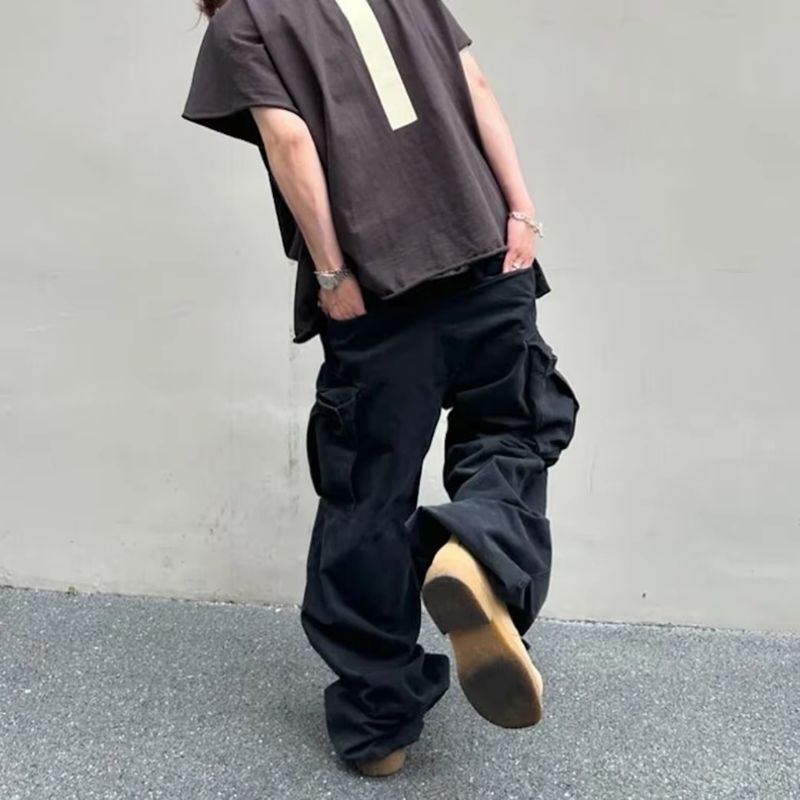 New Streetwear Knee Pleated Silhouette Baggy Cargo Pants for Men Solid Straight Casual Trousers Oversized Multipockets Pants