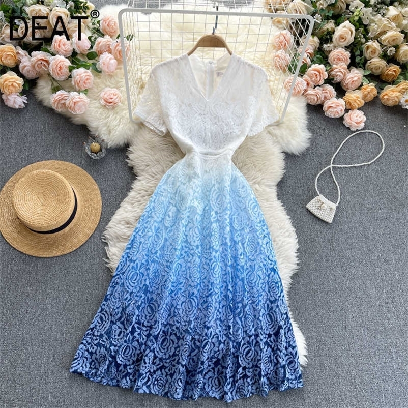 DEAT Summer Arrivals V-neck Short Sleeve Gradient High Waist A-line Lace Long Dress MZ727 210709