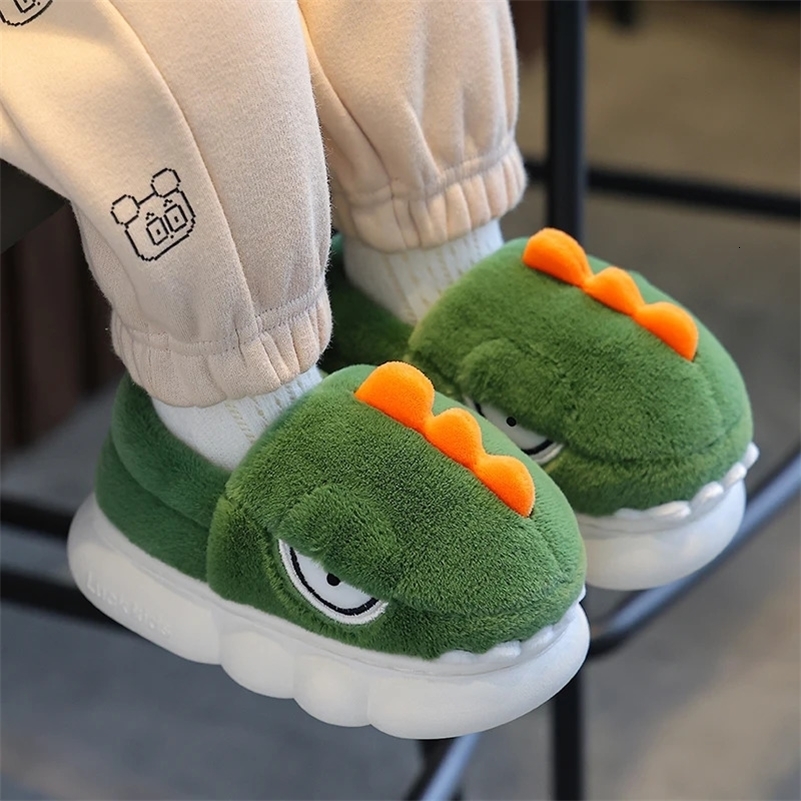 Winter Warm Cover Heel Soft Fluffy Slippers For Kids Childrens Cartoon Dinosaur Antiskid Scuff Boys Girls Home Cotton Shoes 250106