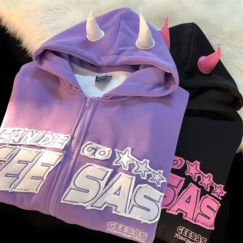 Harajuku Devil Horn Alphabet Star Print Sportswear Mens and Womens Hoodies Loose Hoodies Y2K Mens and Womens Street Wear 240814