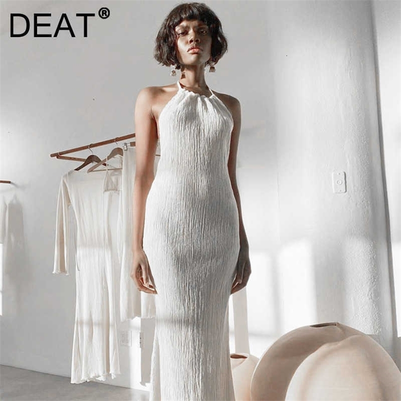 DEAT Women Chiffon Dress Halter Neck Sleeveless Arrivals Lady Sexy Temperament Fashion Spring Summer 11D1527 210709