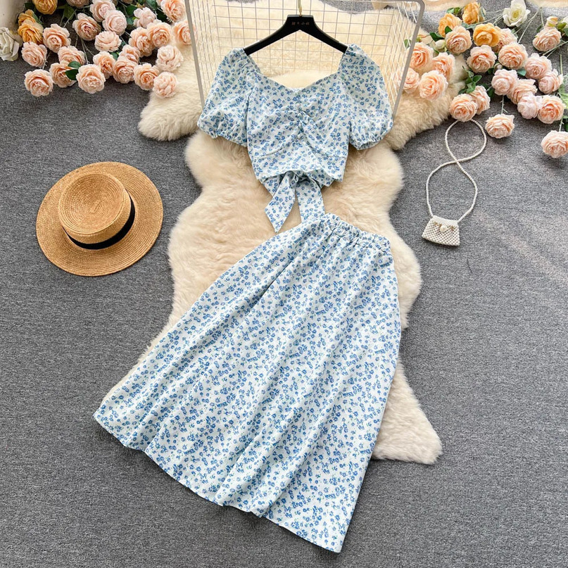 Fashion Floral Print Women Suits Short Puff Sleeve Lace Up Mini TopElastic Waist Loose A Line Skirt Summer Sweet Sets 240423