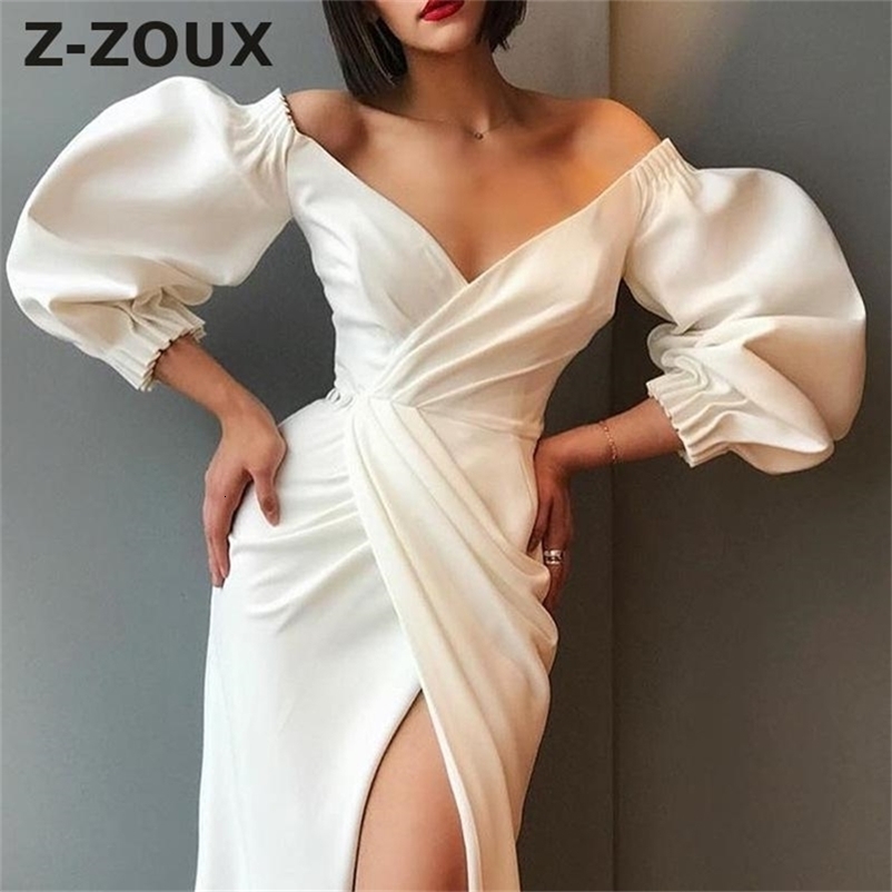 Women Dress V Neck Puff Sleeve White es Elegant Long es Short High Waist Split Sexy Autumn 210513