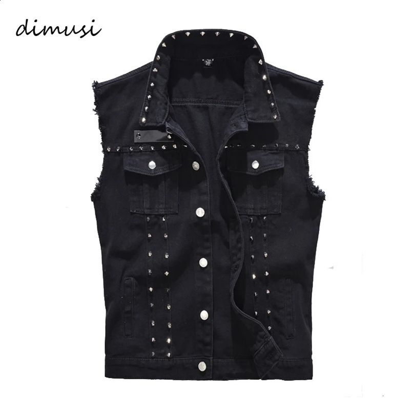 DIMUSI Spring Autumn Mens Vest Vintage Denim Jeans Vest Male Black Sleeveless Jackets Men Rivet Hole Jeans Waistcoats 5XLTA338 240912