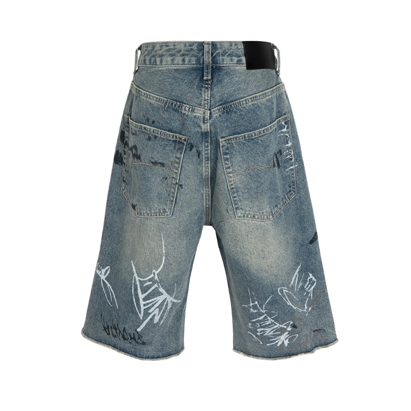 New Summer Hand Drawn Graffiti Ripped Seven Quarter Jeans Mens Straight Wide Leg Frayed Hole Blue Denim Shorts Oversized
