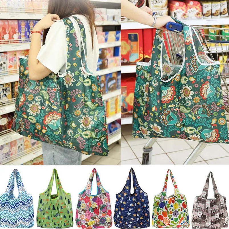 Handbag Flower Printing Womens Grocery Outdoor Folding Shopping Bag Eco friendly Reusable Storage Organizer 240820