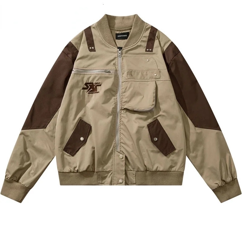 Men Cargo Jackets Y2K Streetwear Vintage Multi Pockets Patchwork Zipper Bomber Baseball Coats Streetwear Harajuku Outdoor 240717