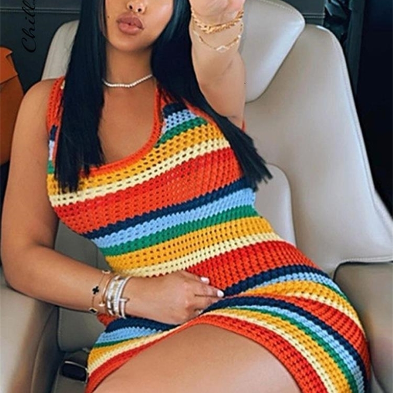 Urban Sexy Dresses Knitted Rainbow Patchwork Women Mini Dress Casual O-Neck Sleeveless With Holes Skinny Dresses Female Trend Bodycon Streetwear 23070