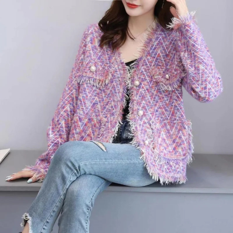 Contrast Color V-neck buttoned long sleeved pocket womens casual jacket casual loose elegant autumn jacket top 241029