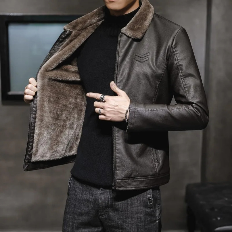 Mens Leather Jacket Autumn and Winter Lapel Collar Middleaged Elderly Clothing with Thick Velvet Trend 241217