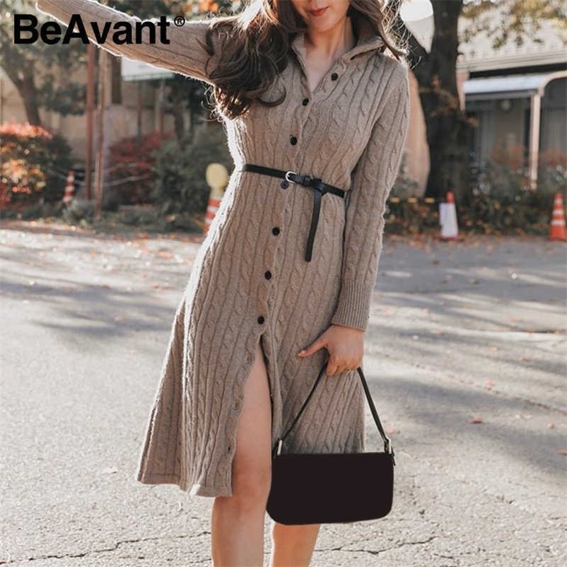 BeAvant Casual stand collar women knitted dress Autumn winter long sleeve button dress High street style female sweater dress 210709
