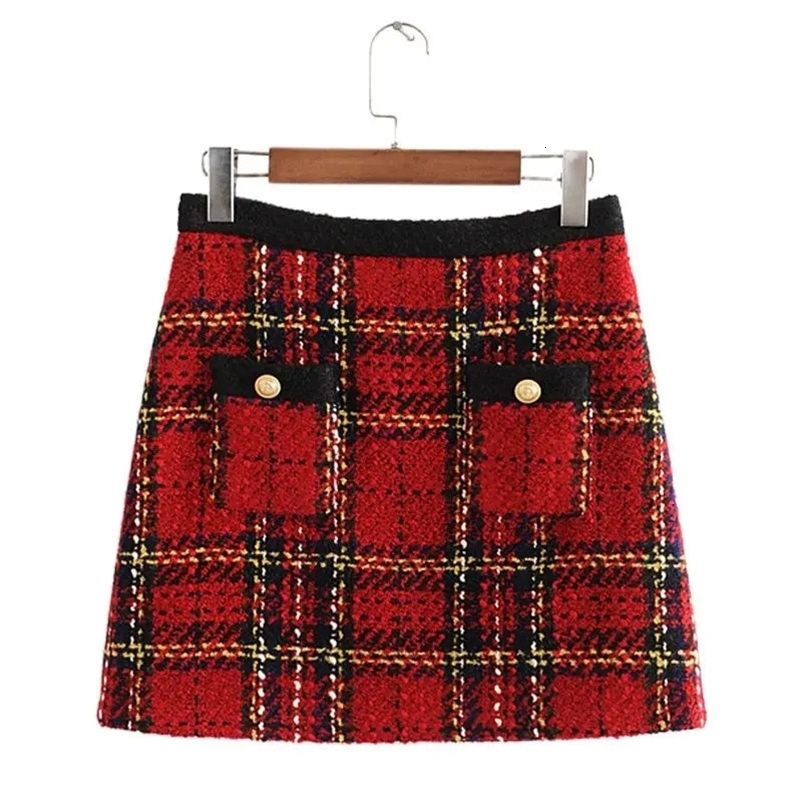 Skirts Chic Pockets Buttons Tweed Skirts Women Fashion Casual Plaid Skirt Elegant Ladies A Line Mini Skirts Casual Faldas 231129