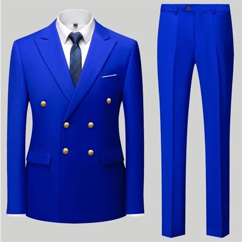 Fashion Mens Casual Boutique Double Breasted Suit Trousers / Mans Business Suit Jacket Blazers Coat Pants 2 Pcs Set 240518