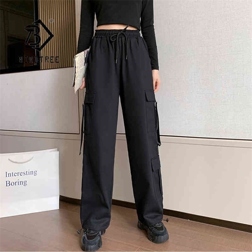Big Pockets Cargo Women Waist Loose Streetwear Drawstring Trouser High Quality Pants B11206P 210416