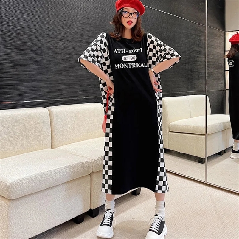 Fashion Plaid Printing Midi Dress Summer Loose Short Sleeve Pullovers Vintage Womens Clothing Casual Straight Dresses 240518