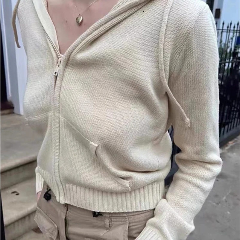 Sweet Cute Solid Knitted Cardigan Sweater Spring Drawstring Hooded Zipper Cotton Crop Top Vintage Streetwear Y2k Sweaters Tops 250122