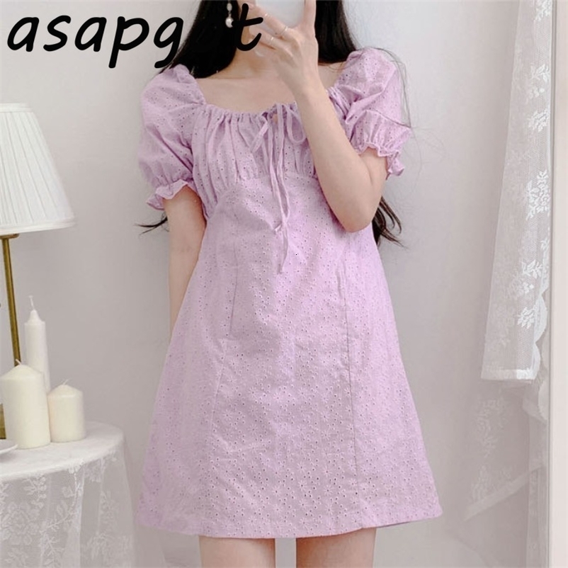 Sweet Girls Summer Retro Slim Waist Temperament Square Neck Puff Short Sleeve Purple Embroidered Dress Mini White Hollow Out 210429