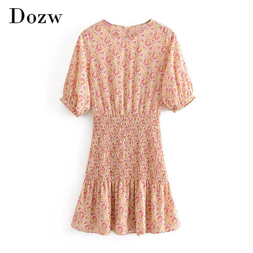 Summer Bodycon Floral Print Dress O Neck Short Sleeve Beach Mini Dress Women Hollow Out Pleated Dress Sundress Vestidos 210414