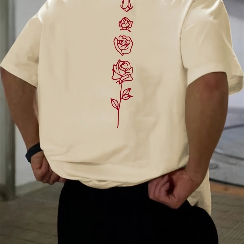Mens Summer Loose Set 100 Cotton Rose Pattern Printed T-shirt Top 250423