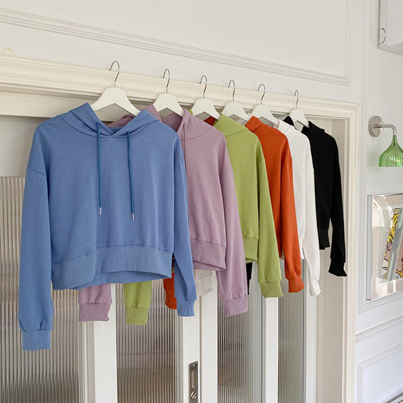6 colors autumn candy color loose hoodies womens short sweatshirts and pullovers (F4063) 210423