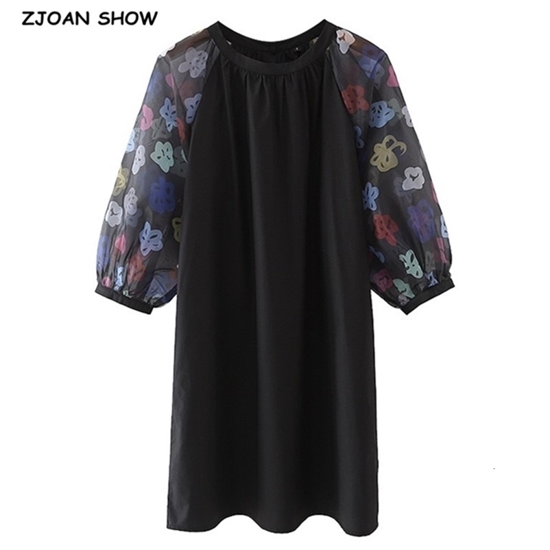 Retro Black Contrast Flower Print Lantern Sleeve Dress Woman Vintage Round Collar Loose Straight Pullover Dresses Holiday 210429