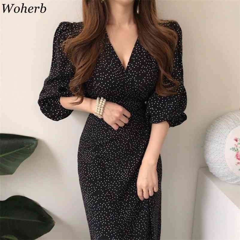 Maxi Dresses for Women V-neck Elegant Vestidos Feminino Bandage Slim Waist Robe Puff Sleeve Vintage Korean Chic Dot Dress 210422