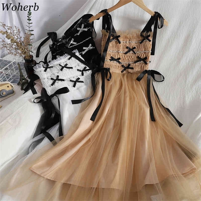 Sweet Woman Dress Pleated Baeding Ruffles Vestidos Mujer Patchwork Gauze Summer Robe Korean Backless Fashion Dresses 210422
