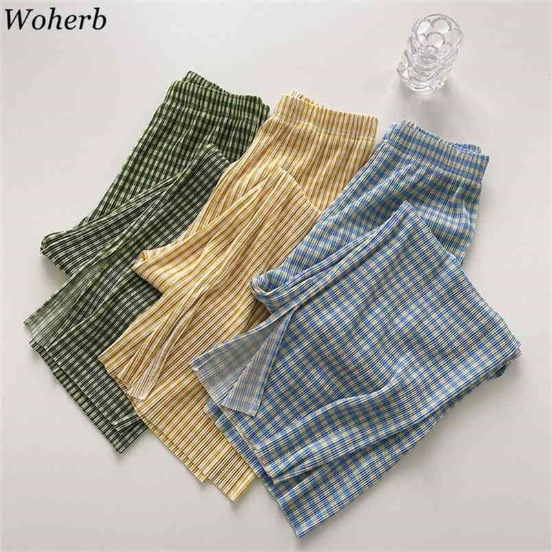 Plaid Casual Trousers Women Summer Korean Loose Elastic High Waist Wide-leg Pants Fashion Split Pleated Sweatpant 210519
