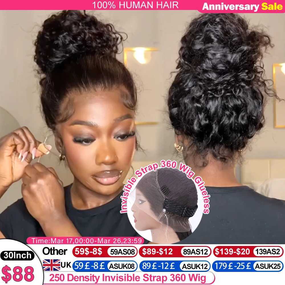 250 Density Invisible Strap 360 HD Full Lace Glueless Wig Deep Wave Frontal Wig Human Hair 30 Inch Water Wave Lace Front Wig F250923