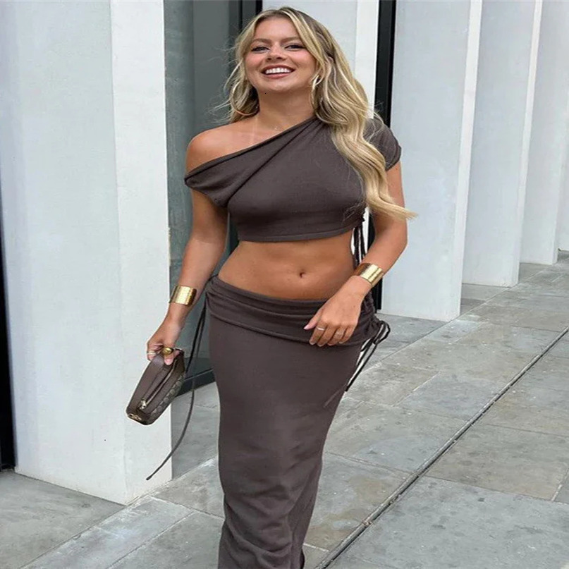 Summer Bandage Bodycon Dress Suits Women Y2K Streetwear Short Sleeve Crop Top Shirt and Maxi Long Skirts Two Piece Matching Sets 240423