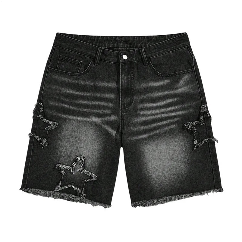 Summer mens black one-fifth star patch denim shorts patchwork casual hip-hop Y2k jeans shorts 250423