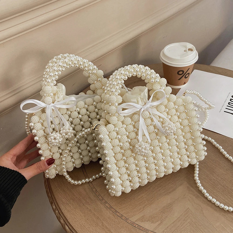 Korean Handmade Beaded Pearl Bag Woven Small Coin Phone Purses Shoulder Female Evening Clutch Crossbody Tote Bags 240731