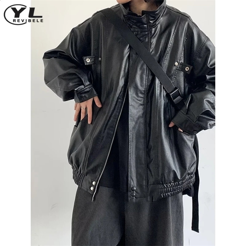 Street Stand Collar Pilot Jacket Men Vintage Pu Leather Motorcycle Jackets Loose Windbreak Coats Woman Oversized Bomber Outwear 240722