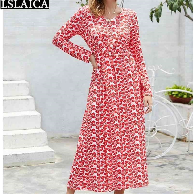 Maxi Dresses for Women Vintage Floral Print Long Sleeve V Neck Split Dress Autumn Fashion High Waist Party Vestido Feminino 210515