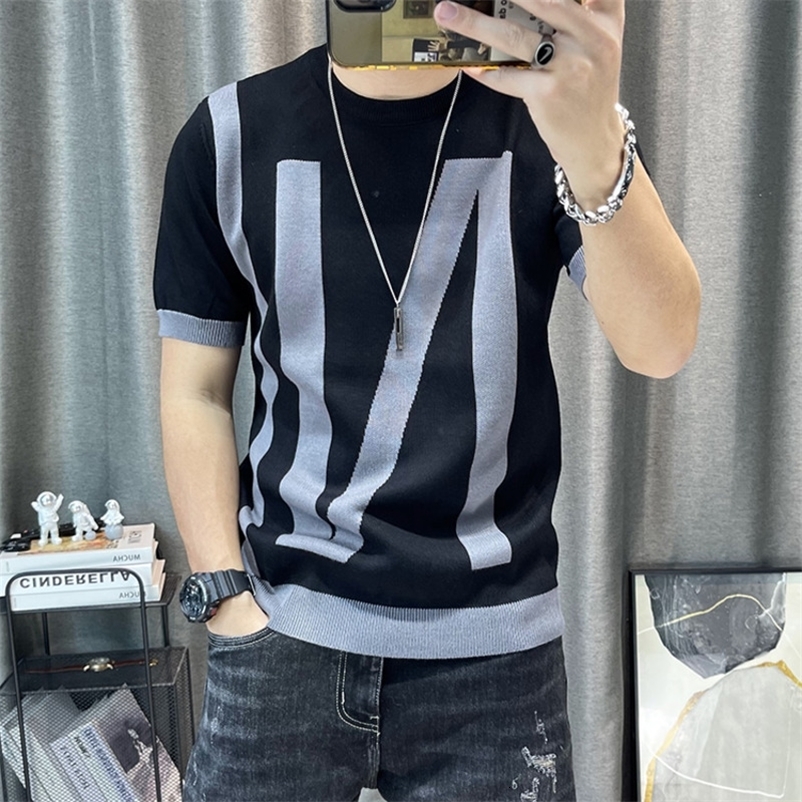 Men's T-Shirts Patchwork Color Slim Fit Knitted T Shirt Men O-Neck Stretched Tee Shirt Homme Streetwear Fashion Spring Men Casual T-Shirt 230425