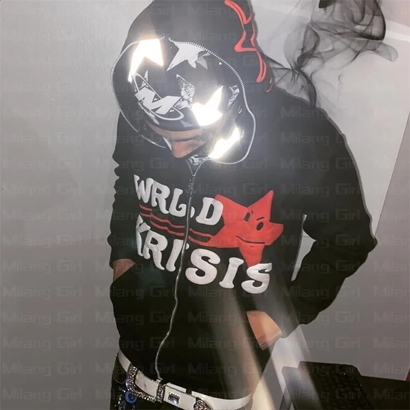 Y2k Zip up Hoodie Stars Print goth Punk Sweatshirt Mens hoodies Sport Coat Pullover Gothic Long Sleeve Oversized hoodie jacket 250117