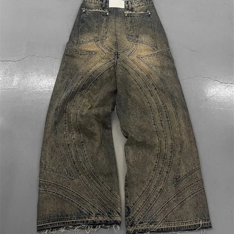 Y2K niche loose jeans American retro waxed hip-hop loose straight pants wide leg pants casual mens jeans 250423