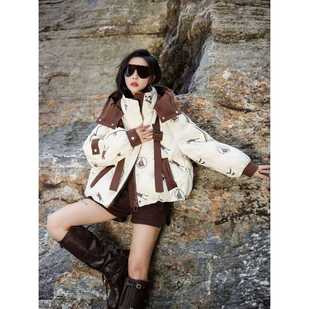 Winter Short Print Patchwork Hooded Parker Jacket Female Zipper Thicken Warm Outwears Women White Duck Down Bread Jackets
