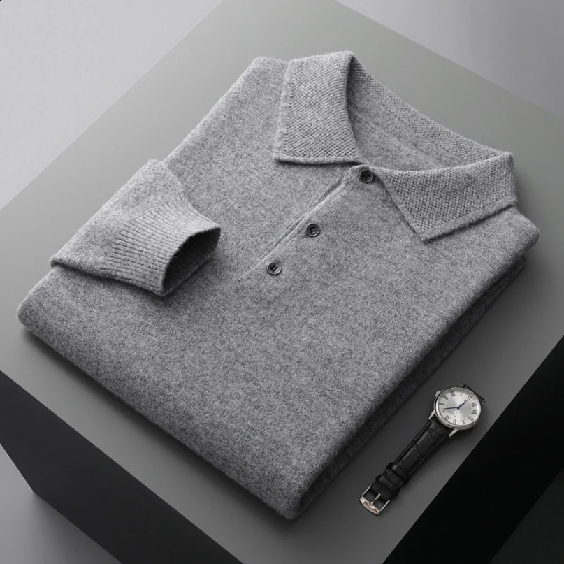 100% merino wool mens lapel pullover long sleeve POLO neck sweater loose top business casual knit bottoming shirt 241021