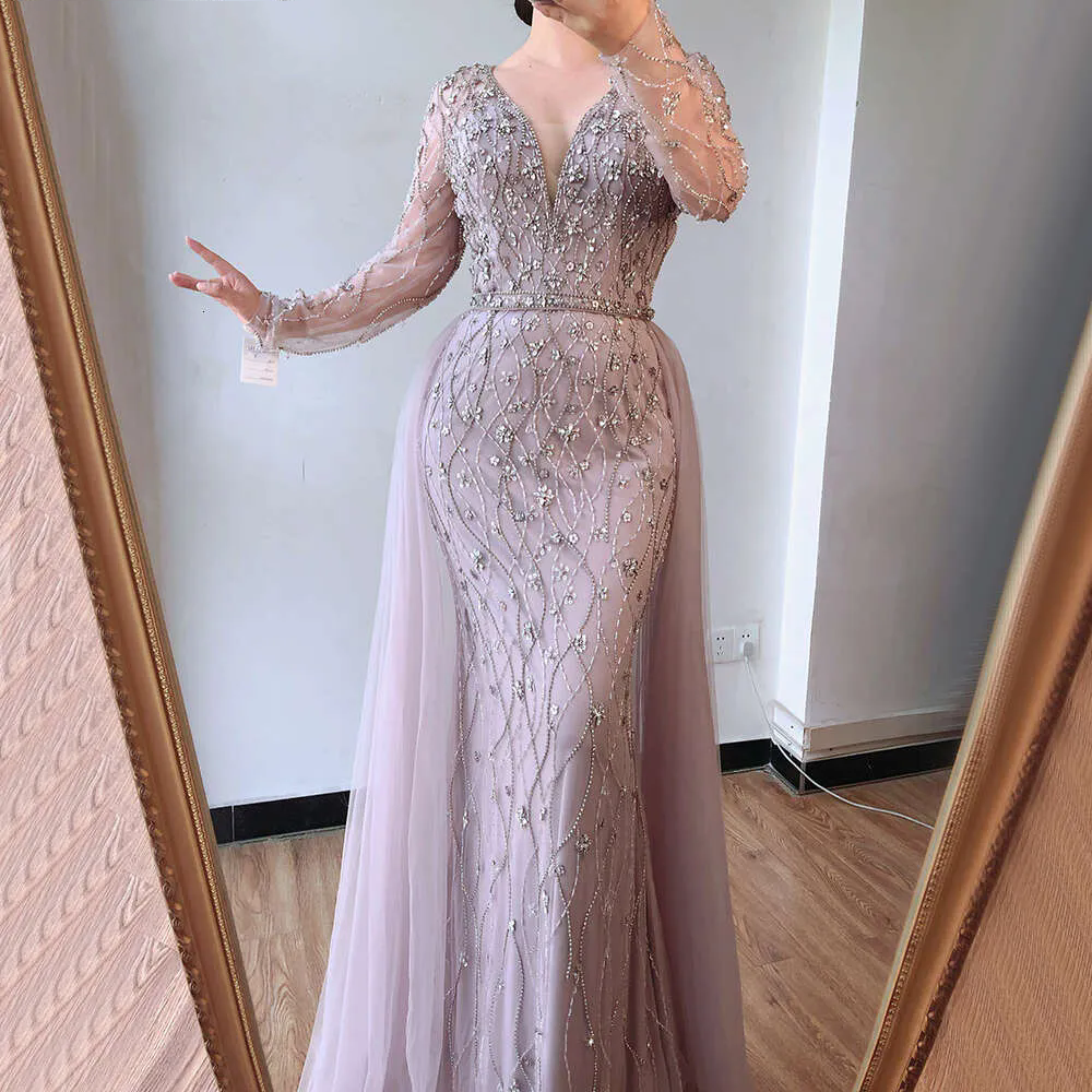Lilac Long Sleeves Evening Dresses Dubai Elegant Diamond Mermaid Beaded Formal Party Occasion Dress Women Prom Gowns BC19642