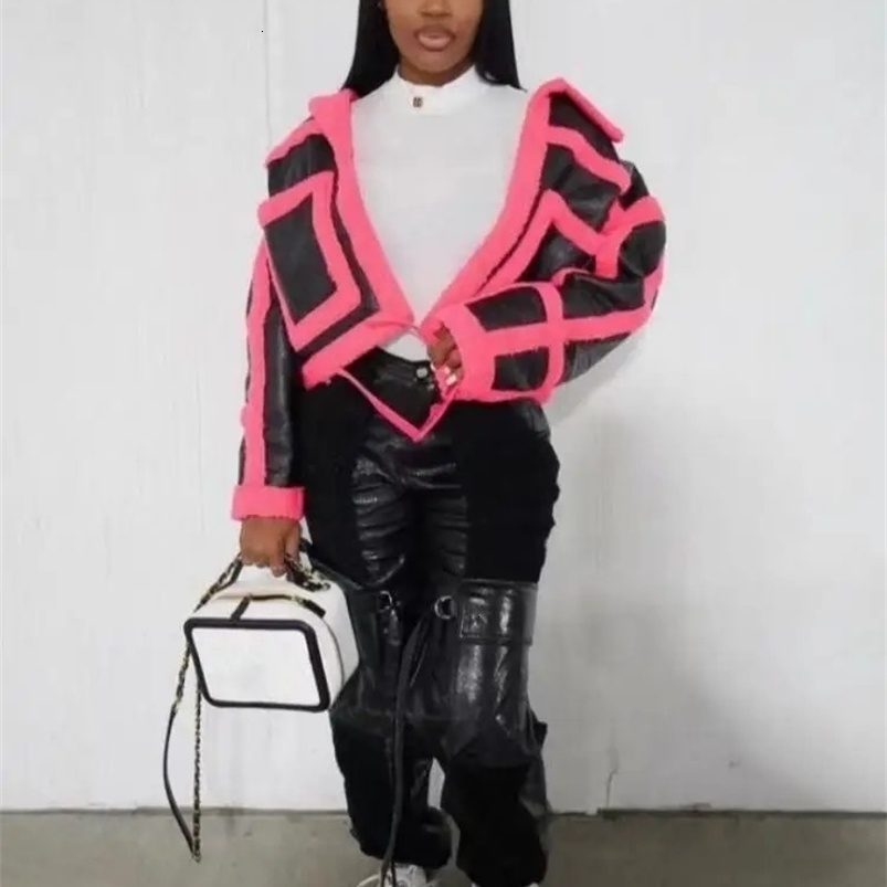 Joskaa Fashion Color Block Faux Leather Jacket Womens Flip Collar Long Sleeve Button Thick Warm Coat Winter Coat 240930