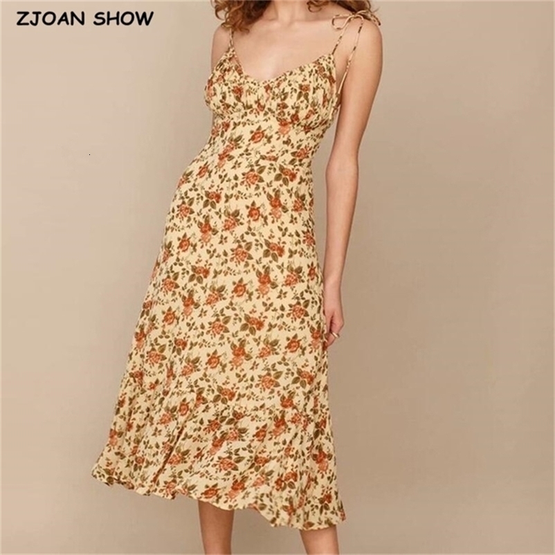 Holiday Summer Yellow Floral Print Sling Dress Sexy V Neck A-line Chiffon Long Bandage Adjust Spaghetti Strap Beach 210429