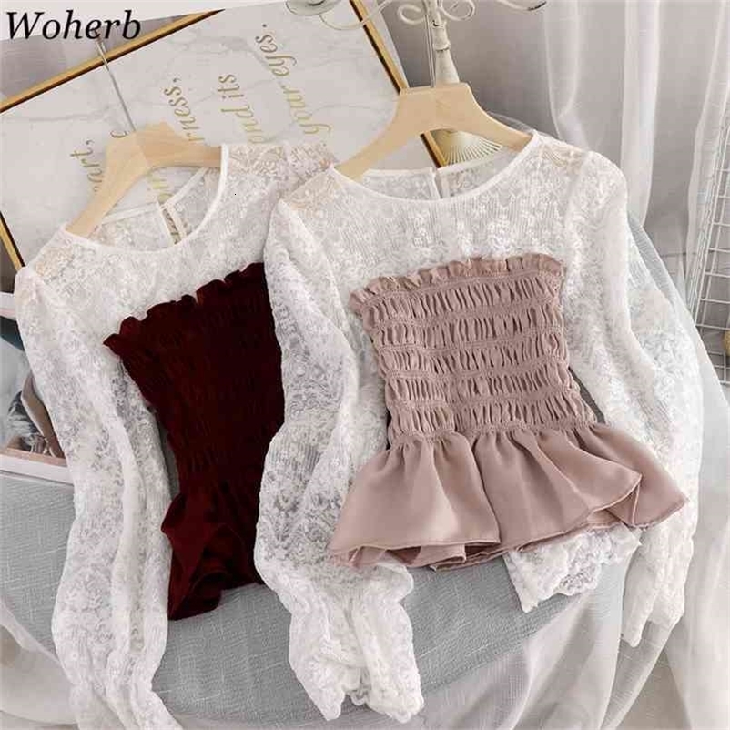 Elegant Shirt Fashion Office Lady Tops Korean Style Women Lace Sleeve Patch Blouse Feminina Pleated Ruffle Blusas 210519