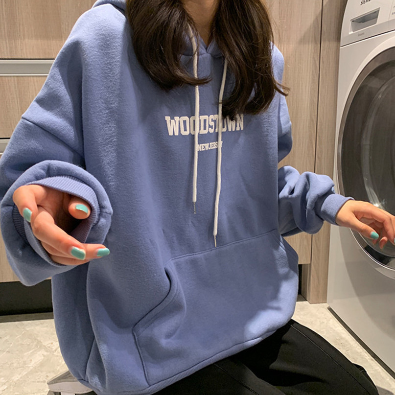 3Color autumn and winter korean style letter print thick hoodies womens large pocket warm sweatshirts and pullovers (F4136) 210423