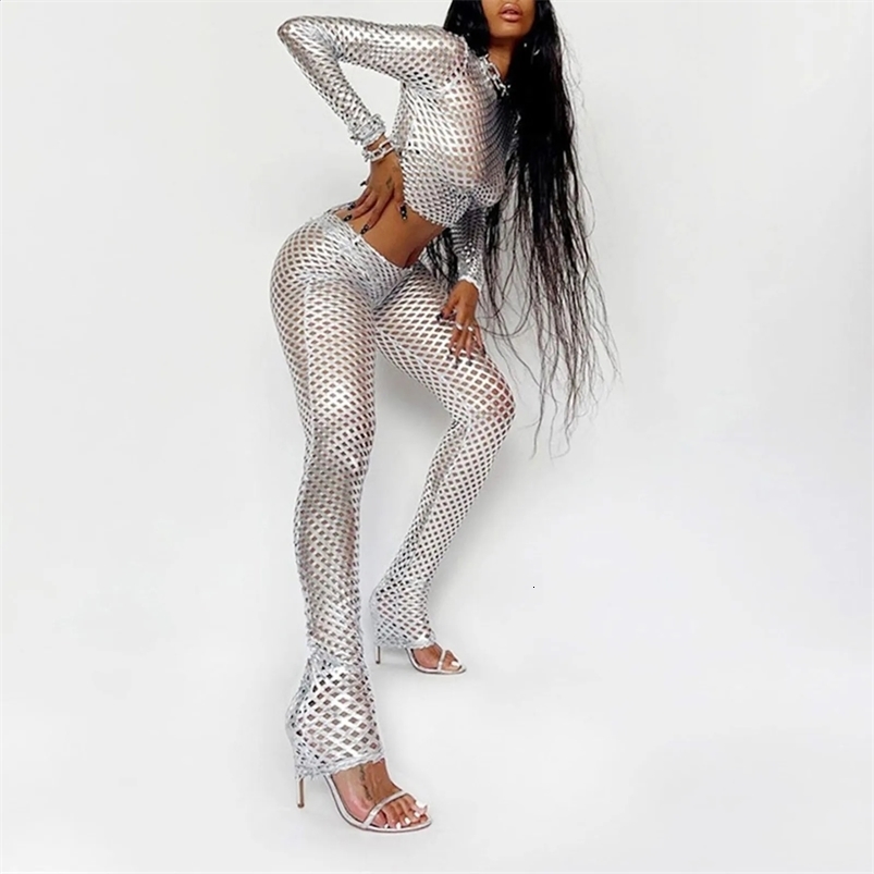 Nighclub Lady PU leather fashionable silver lace dress womens 2-piece set hollow top and pencil case 250423