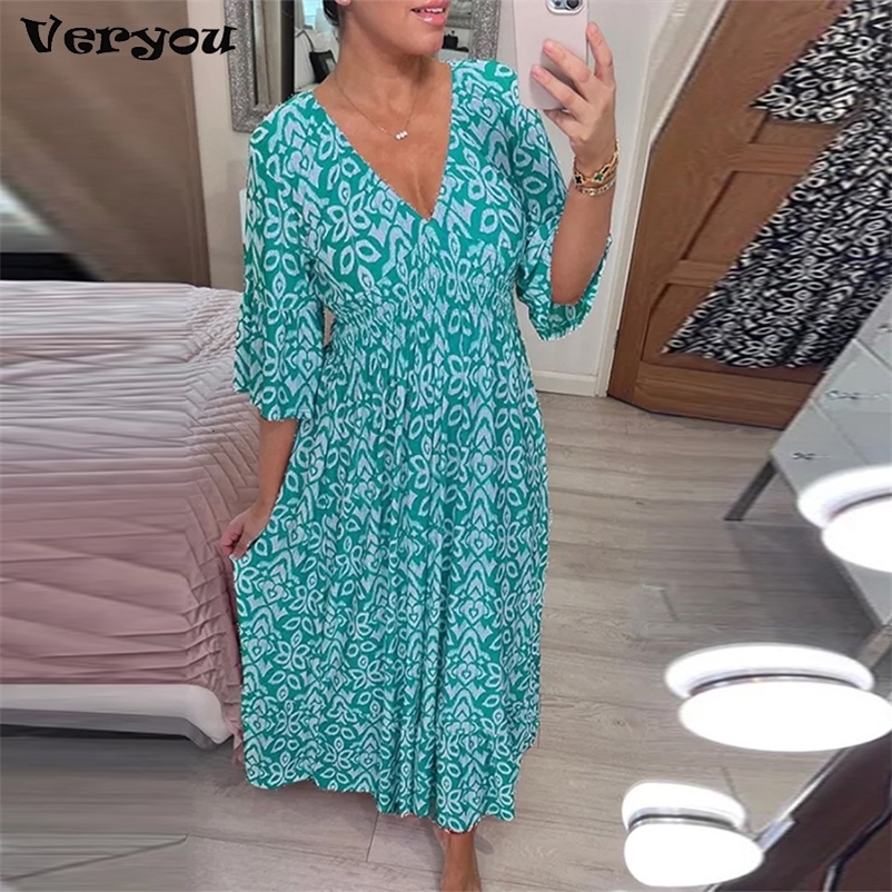 Urban Sexy Dresses Summer Elastic Waist Long Dress Casual V-neck Short Sleeve Loose Party Dress Women Pattern Printed Bohemian Beach Dress 230707