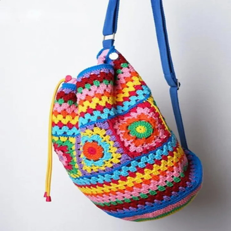 Bohemian crochet bucket shaped womens shoulder bag knitted grandmother square backpack handmade handbag casual travel 240913