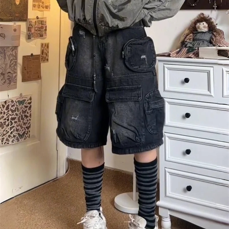 American street oversized washed vintage multi pocket women workwear denim shorts high waisted straight leg pants 250117